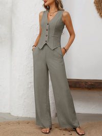 Thumbnail for V-Neck Button Down Vest and Wide Leg Pants Set