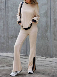 Thumbnail for Contrast Round Neck Long Sleeve Top and Bootcut Pants Set