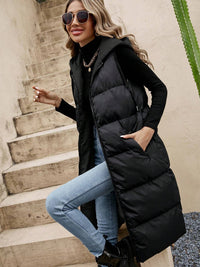 Thumbnail for Drawstring Zip Up Hooded Longline Vest Coat