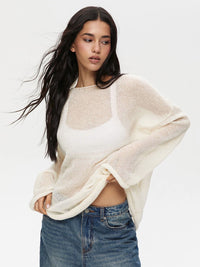 Thumbnail for Round Neck Long Sleeve Knit Cover Up