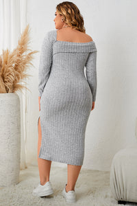 Thumbnail for Plus Size Square Neck Long Sleeve Slit Dress
