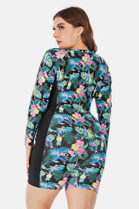 Thumbnail for Plus Size Floral Zip Up  Long Sleeve Short Wetsuit