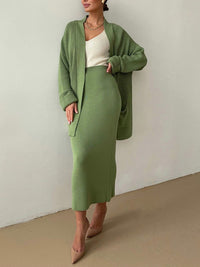 Thumbnail for Pocketed Long Sleeve Cardigan and Skirt Sweater Set