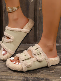 Thumbnail for Faux Fur Contrast Open Toe Slippers