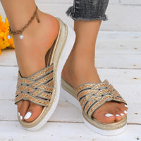 Thumbnail for Rhinestone Open Toe Wedge Sandals