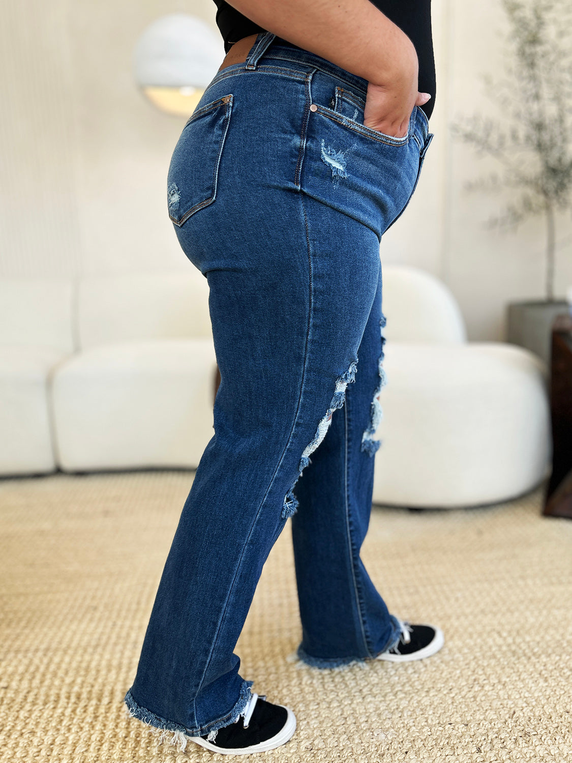 Judy Blue Full Size Mid Rise Distressed Raw Hem Jeans