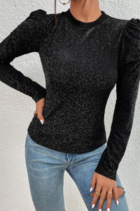 Thumbnail for Metallic Round Neck Puff Sleeve Blouse