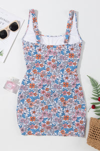 Thumbnail for Drawstring Printed Wide Strap Swim Dress