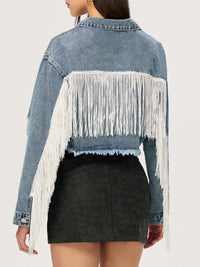 Thumbnail for Distressed Fringe Collared Neck Cropped Denim Top