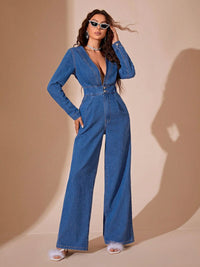 Thumbnail for Plunge Long Sleeve Wide Leg Denim Jumpsuit