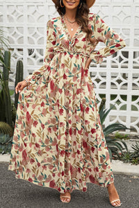 Thumbnail for Floral Frill Trim Flounce Sleeve Plunge Maxi Dress