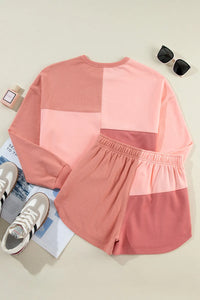 Thumbnail for Color Block Round Neck Top and Shorts Set