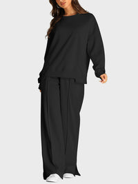 Thumbnail for Round Neck Long Sleeve Top and Slit Pants Set