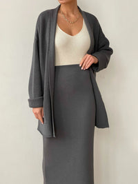 Thumbnail for Pocketed Long Sleeve Cardigan and Skirt Sweater Set