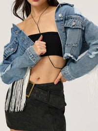 Thumbnail for Distressed Fringe Collared Neck Cropped Denim Top