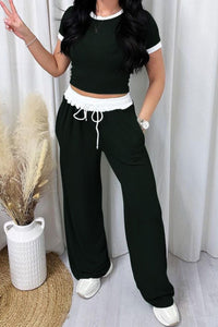 Thumbnail for Contrast Trim Round Neck Top and Pants Set