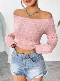 Thumbnail for Cable-Knit Off-Shoulder Long Sleeve Knit Top