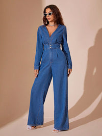 Thumbnail for Plunge Long Sleeve Wide Leg Denim Jumpsuit