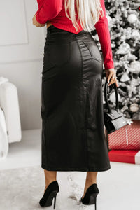 Thumbnail for Slit PU Leather Midi Skirt