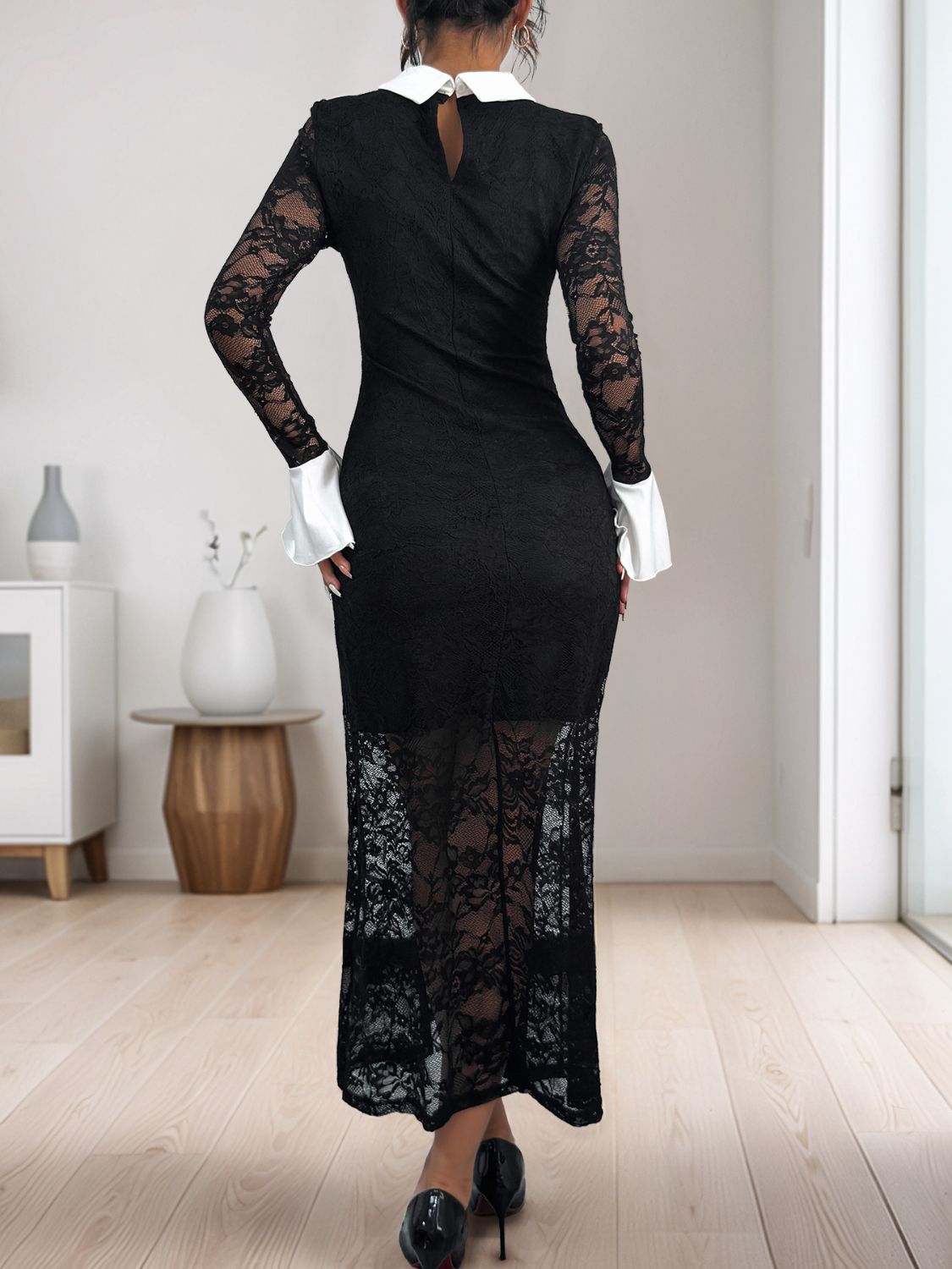 Perfee Lace Contrast Collared Neck Long Sleeve Midi Dress