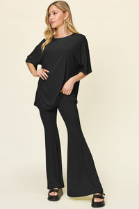 Thumbnail for Double Take Full Size Round Neck Drop Shoulder T-Shirt and Flare Pants Set