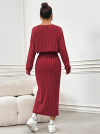 Thumbnail for Ribbed Long Sleeve Cropped Cardigan and Slit Cami Dress Set