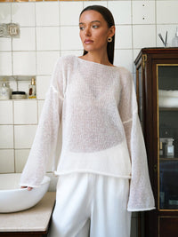 Thumbnail for Round Neck Long Sleeve Knit Cover Up