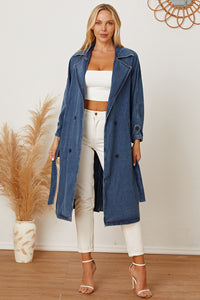 Thumbnail for Double-Breasted Belted Longline Denim Jacket
