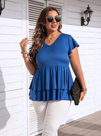 Thumbnail for Plus Size V-Neck Flutter Sleeve Blouse