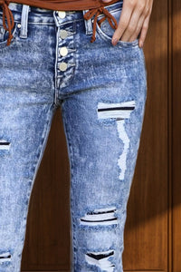 Thumbnail for Distressed Button-Fly Bootcut Jeans with Pockets