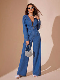 Thumbnail for Plunge Long Sleeve Wide Leg Denim Jumpsuit