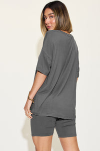 Thumbnail for Basic Bae Full Size V-Neck Drop Shoulder Short Sleeve T-Shirt and Shorts Set