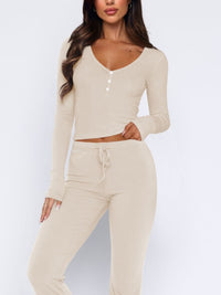 Thumbnail for V-Neck Long Sleeve Top and Pants Set