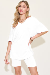 Thumbnail for Basic Bae Bamboo Full Size  V-Neck Drop Shoulder T-Shirt and Shorts Set