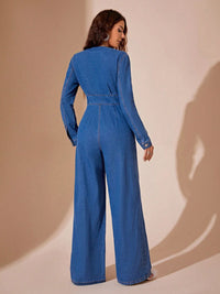 Thumbnail for Plunge Long Sleeve Wide Leg Denim Jumpsuit