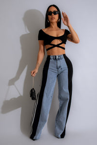 Thumbnail for Contrast Side Striped Wide Leg Jeans