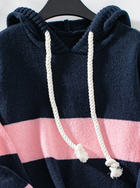 Thumbnail for Drawstring Contrast Stripe Dropped Shoulder Hooded Sweater