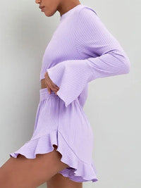 Thumbnail for Round Neck Long Sleeve Top and Ruffled Shorts Set