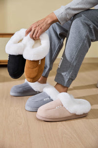 Thumbnail for Fluff Trim Round Toe Flat Slippers