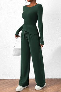 Thumbnail for Round Neck Long Sleeve Top and Pants Set