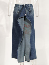 Thumbnail for Reversible Slit Printed Midi Denim Skirt