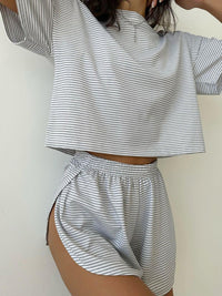 Thumbnail for Striped Round Neck Top and Shorts Set