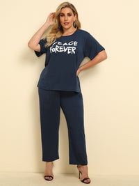 Thumbnail for Plus Size PEACE FOREVER Short Sleeve Top and Pants Set