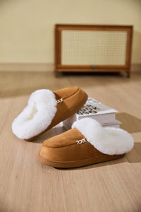 Thumbnail for Fluff Trim Round Toe Flat Slippers