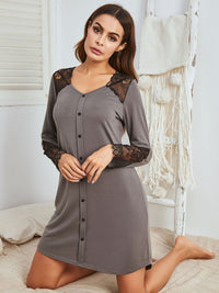 Thumbnail for Lace Detail Long Sleeve Mini Lounge Dress