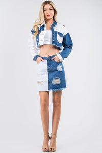 Thumbnail for American Bazi Contrast Patched Frayed Denim Distressed Skirts