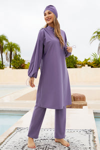 Thumbnail for Cap, Drawstring Mock Neck Long Sleeve Top and Pants Swim Set