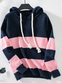 Thumbnail for Drawstring Contrast Stripe Dropped Shoulder Hooded Sweater