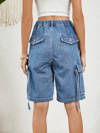 Thumbnail for Buttoned Elastic Waist Denim Shorts with Pockets