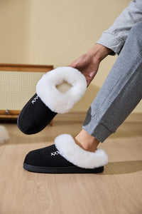 Thumbnail for Fluff Trim Round Toe Flat Slippers